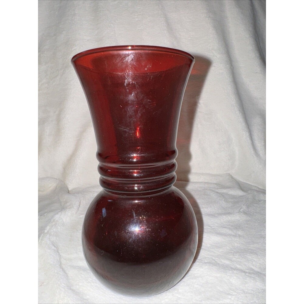 VTG ANCHOR HOCKING Royal Ruby Red Depression Glass 3 Ring Vase 6 1/2"